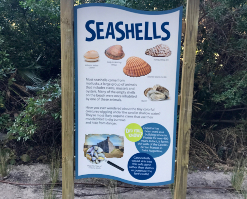 Florida Beach Resort shaped intepretive panel in kiosk featuring seashells