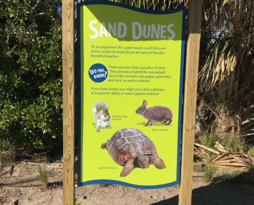 Florida Beach Resort shaped intepretive panel in kiosk featuring sand dunes
