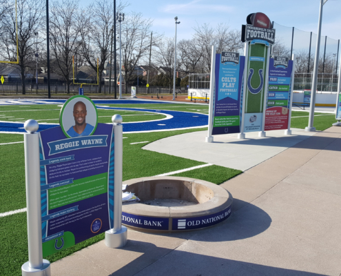 Indianapolis Children's Museum Large bright graphic panel signs in outdoor play area