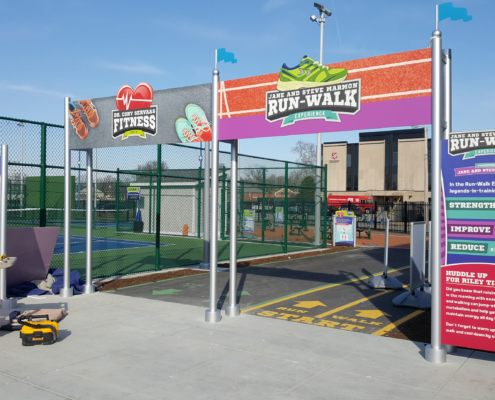Indianapolis Children's Museum Large bright graphic panel signs in outdoor play area
