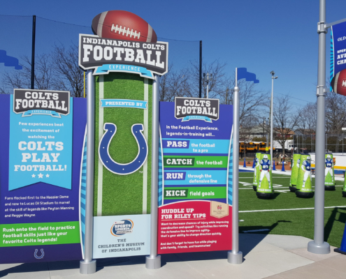 Indianapolis Childrens Museum Large bright graphic panel signs in outdoor play area