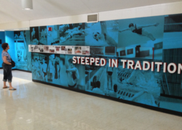 UT Swim Center Large wall mural featuring past swim team members with blue overlay